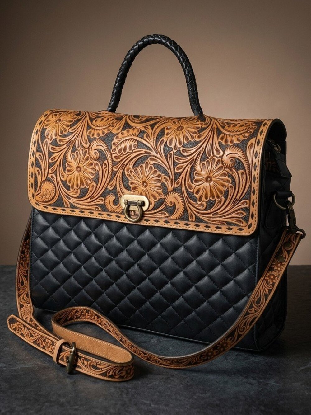 American Darling Quilted Leather & Tooled Harness Satchel/laptop bag - Picture 2 of 2